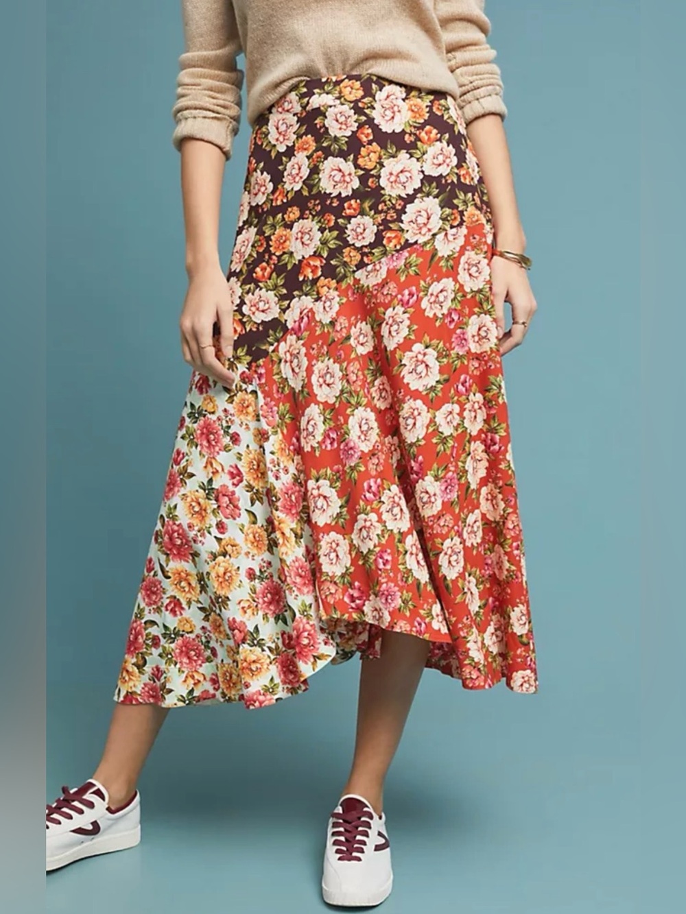 FARM RIO for Anthropologie Floral Patchwork Midi Skirt - Red, Brown, Cream, XS